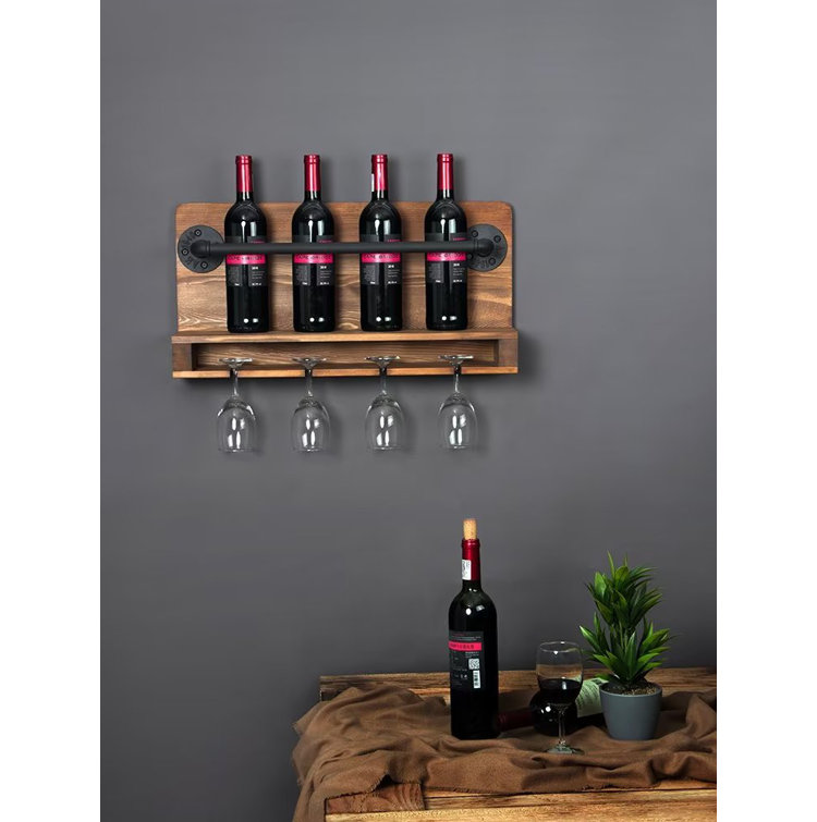 Wanakah 4 Bottle Solid Wood Wall Mounted Wine Bottle Glass Rack in Brown Black